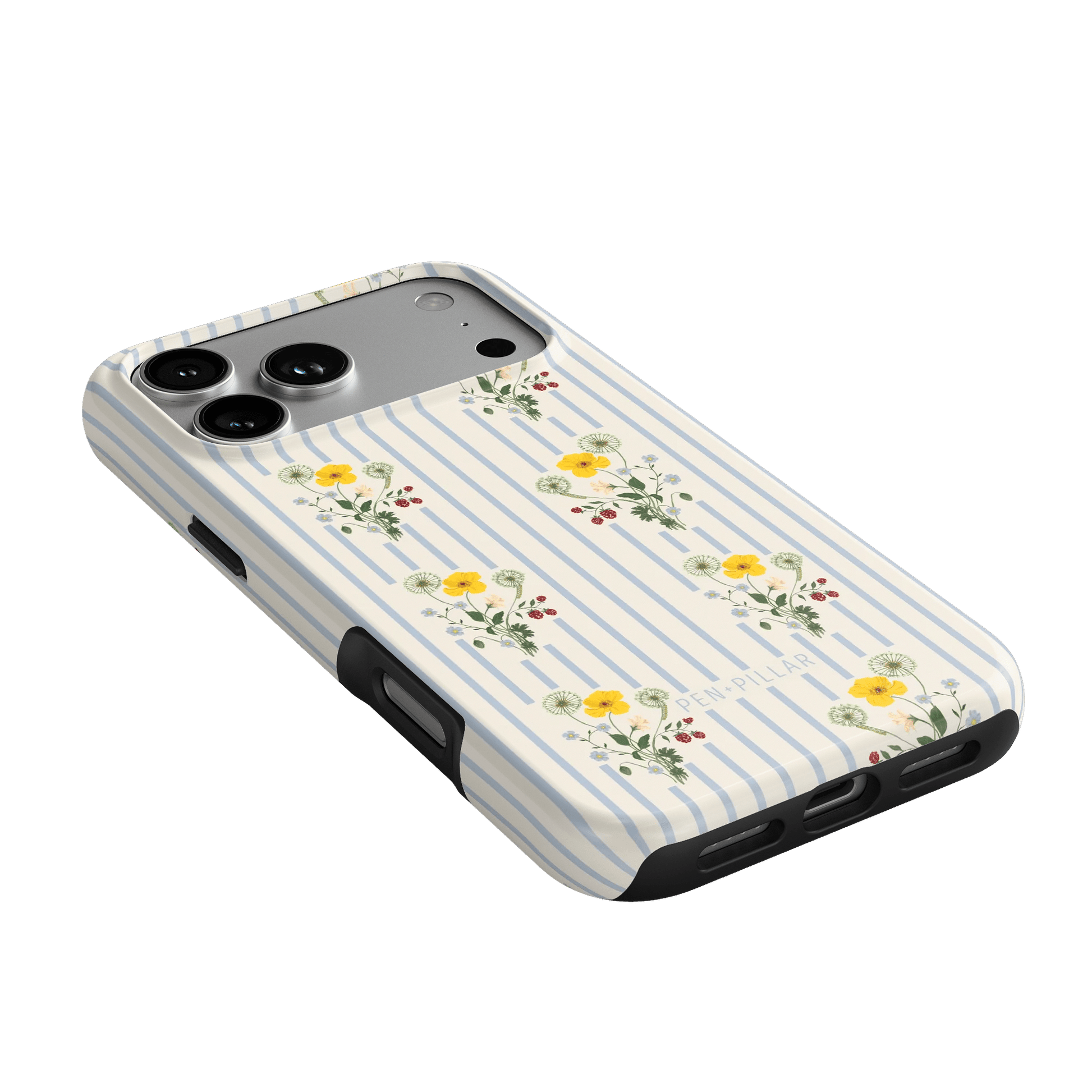 Springtide iPhone case with a floral design on a striped background, showing side and back angles.