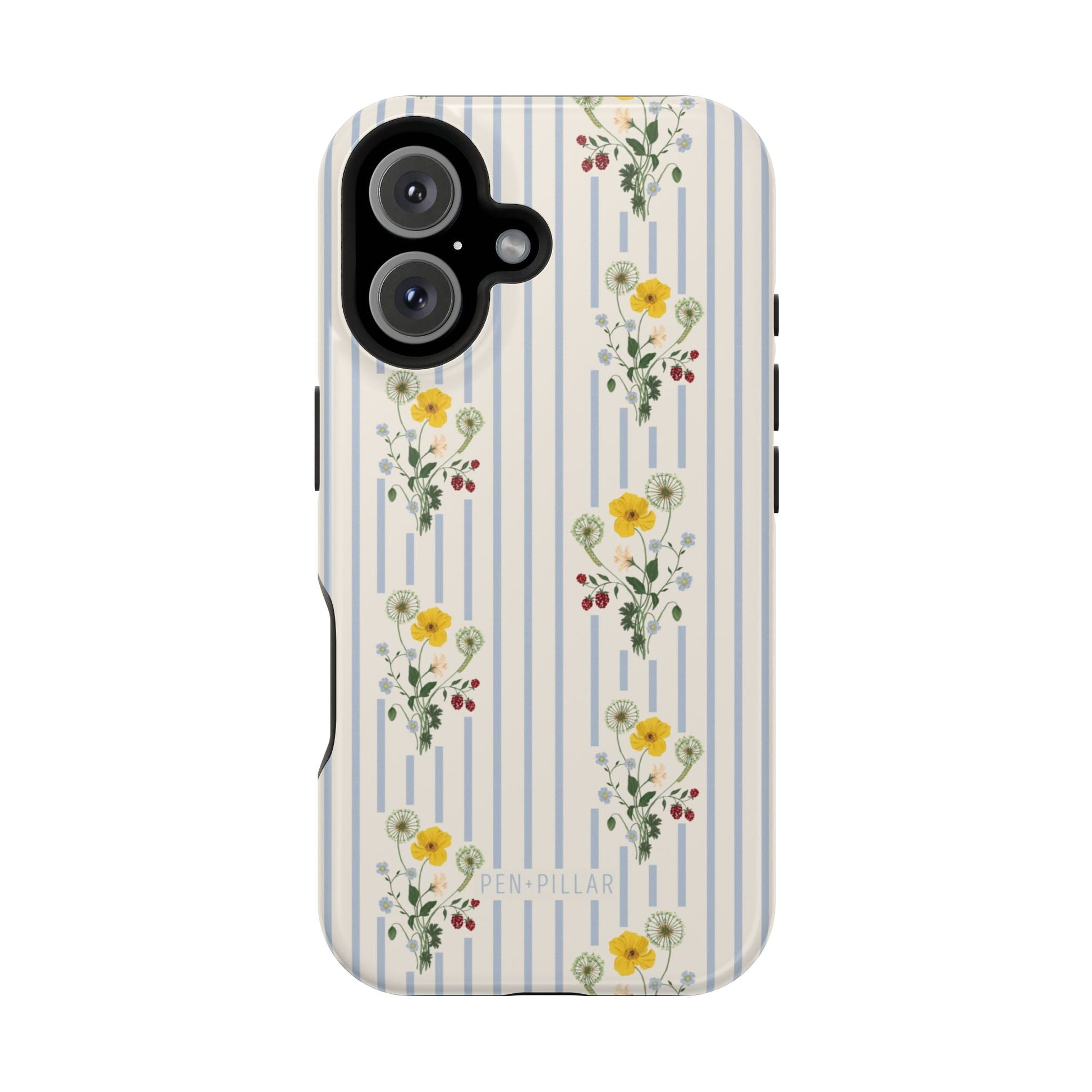 Springtide iPhone case featuring a floral design with yellow and red flowers on a striped background.
