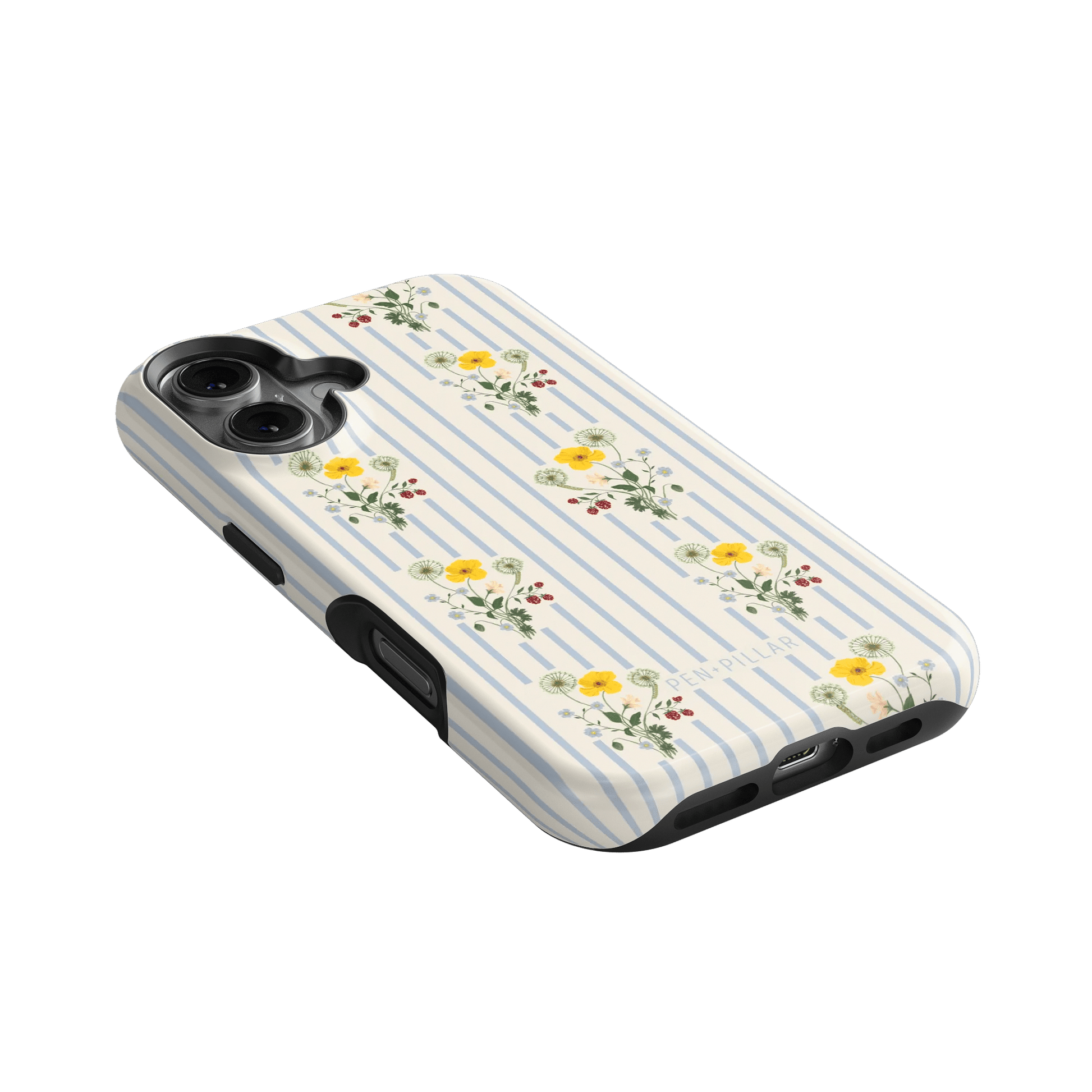 Springtide iPhone case featuring a floral design with yellow flowers on a striped background.