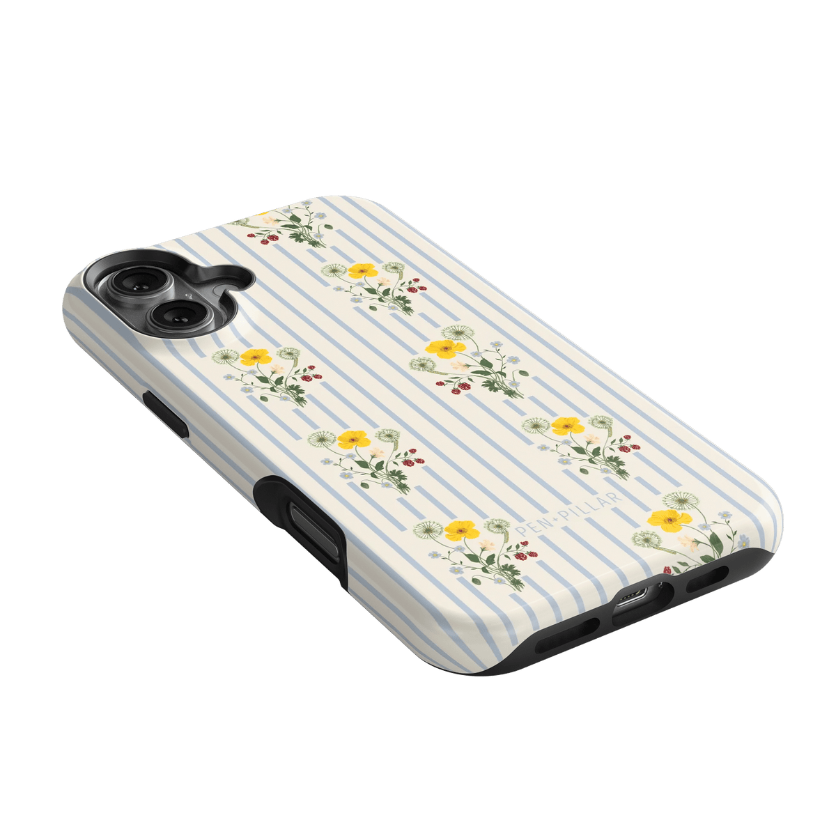 Springtide iPhone case featuring a floral design with yellow flowers on a striped background.