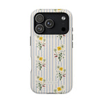 Springtide iPhone case featuring a floral design with yellow and red flowers on a striped background.