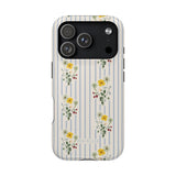 Springtide iPhone case featuring a floral design with yellow and red flowers on a striped background.