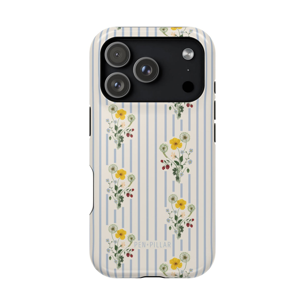 Springtide iPhone case featuring a floral design with yellow and red flowers on a striped background.
