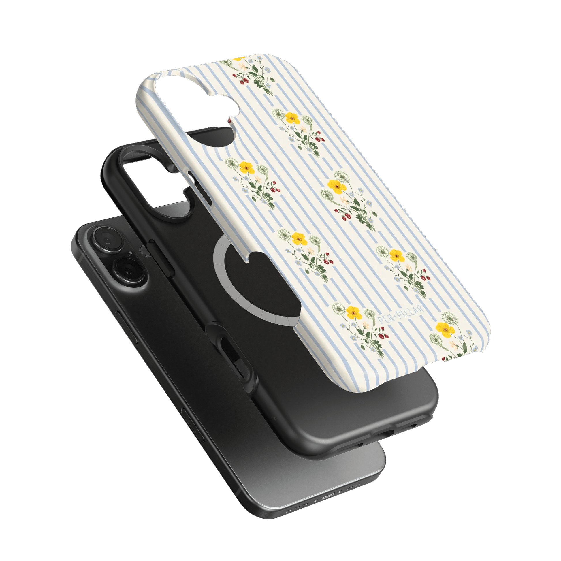 Springtide iPhone case featuring a floral design with yellow and red flowers on a striped background.