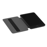 Springtide Kindle case in black, open to reveal a Kindle device secured with an elastic strap on the left side.