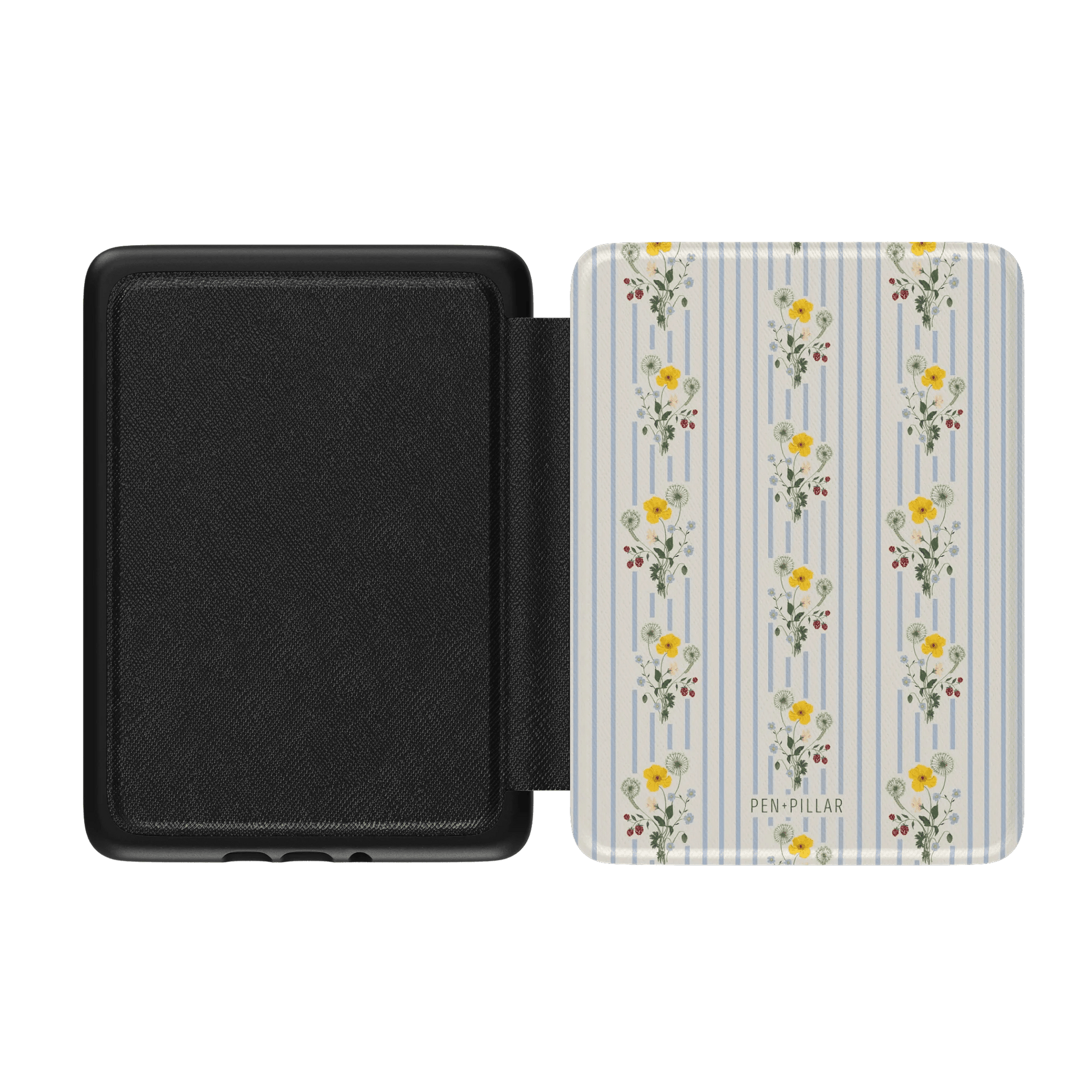 Springtide Kindle case with a floral pattern on a light background and a black interior, designed for protection and style.