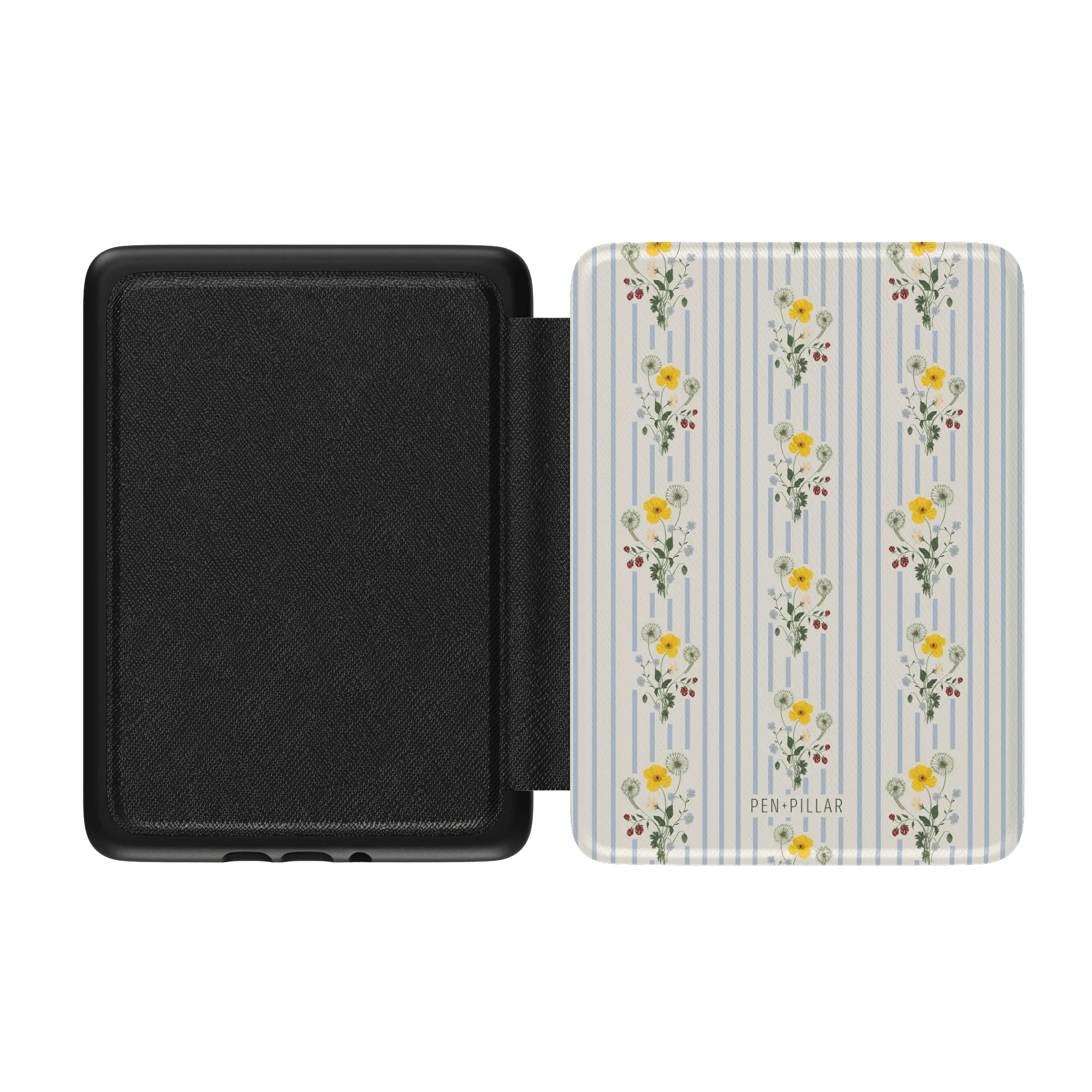 Springtide Kindle case with a floral pattern on a light background and a black interior, designed for protection and style.