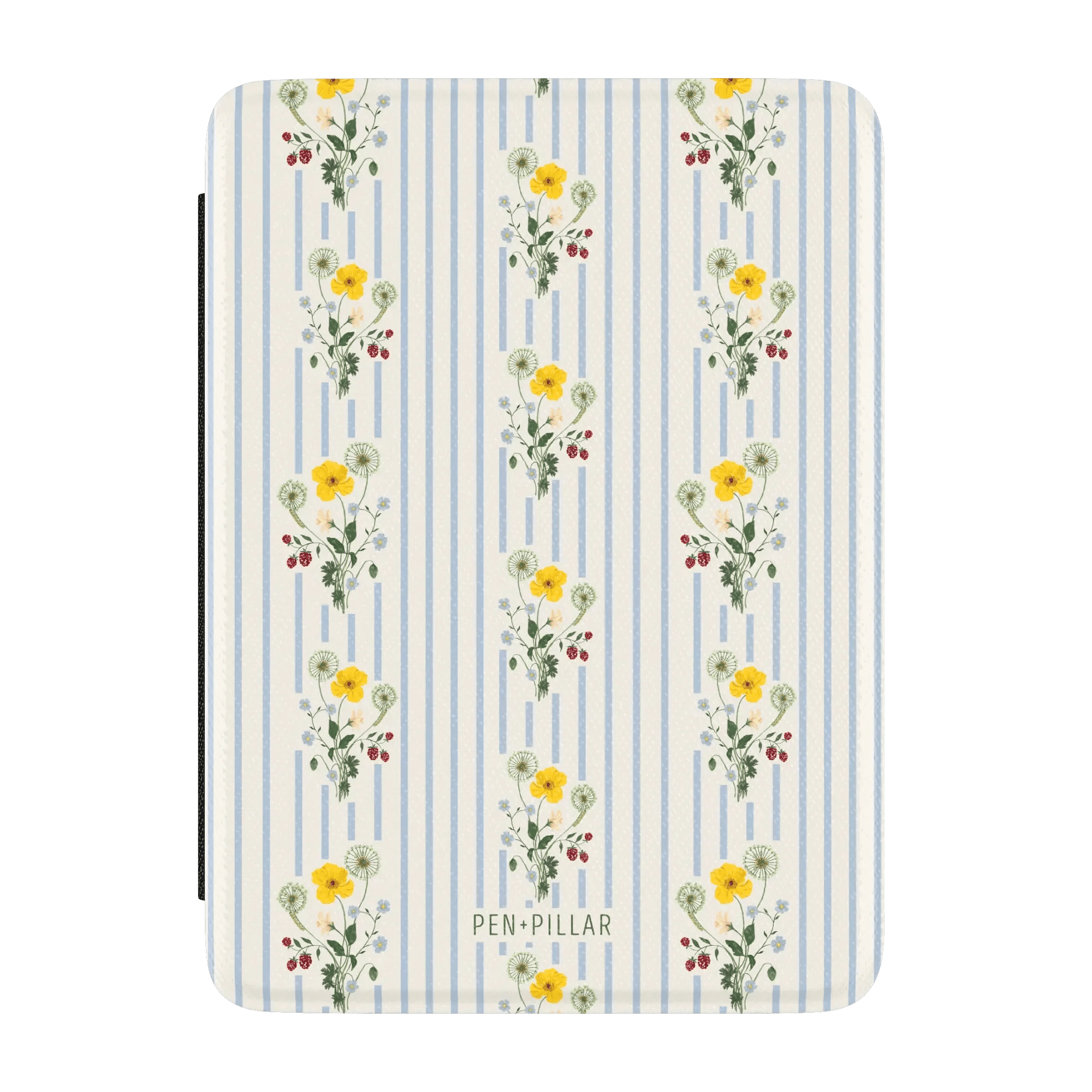 Springtide Kindle case featuring a floral design with yellow and white flowers on a striped blue background.