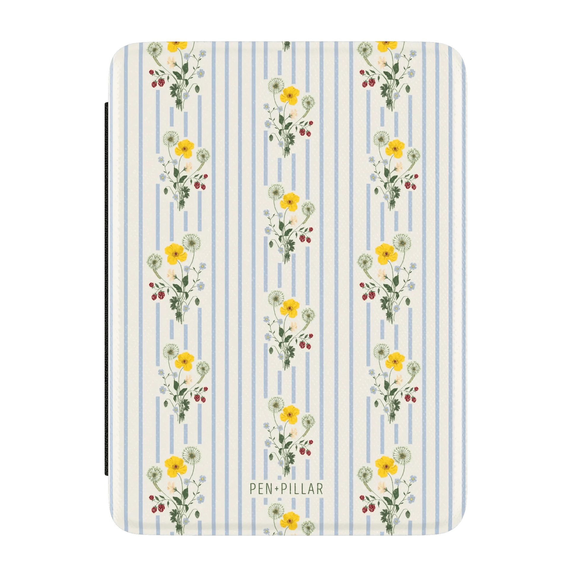 Springtide Kindle case featuring a floral design with yellow and white flowers on a striped blue background.