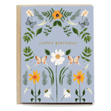 Springtime birthday card featuring floral designs, butterflies, and the text "Happy Birthday" on a light blue background.