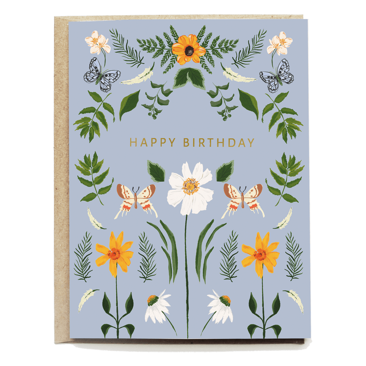Springtime birthday card featuring floral designs, butterflies, and the text "Happy Birthday" on a light blue background.