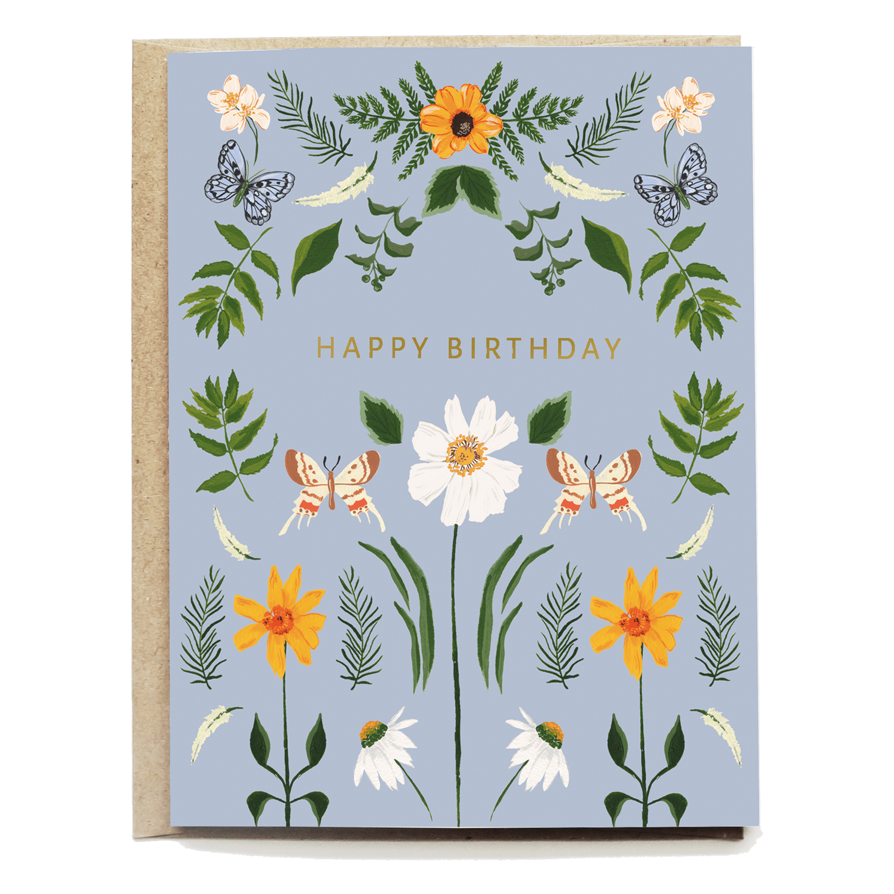 Springtime birthday card featuring floral designs, butterflies, and the text "Happy Birthday" on a light blue background.