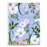 Springtime thank you card featuring white flowers, green leaves, and mushrooms on a light blue background.
