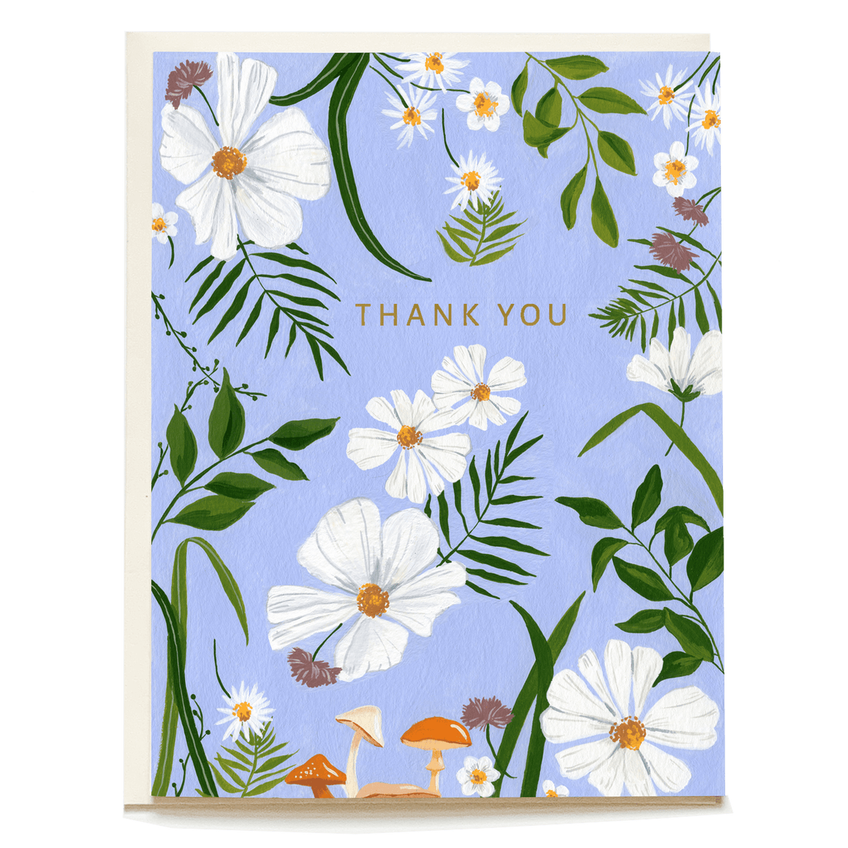 Springtime thank you card featuring white flowers, green leaves, and mushrooms on a light blue background.