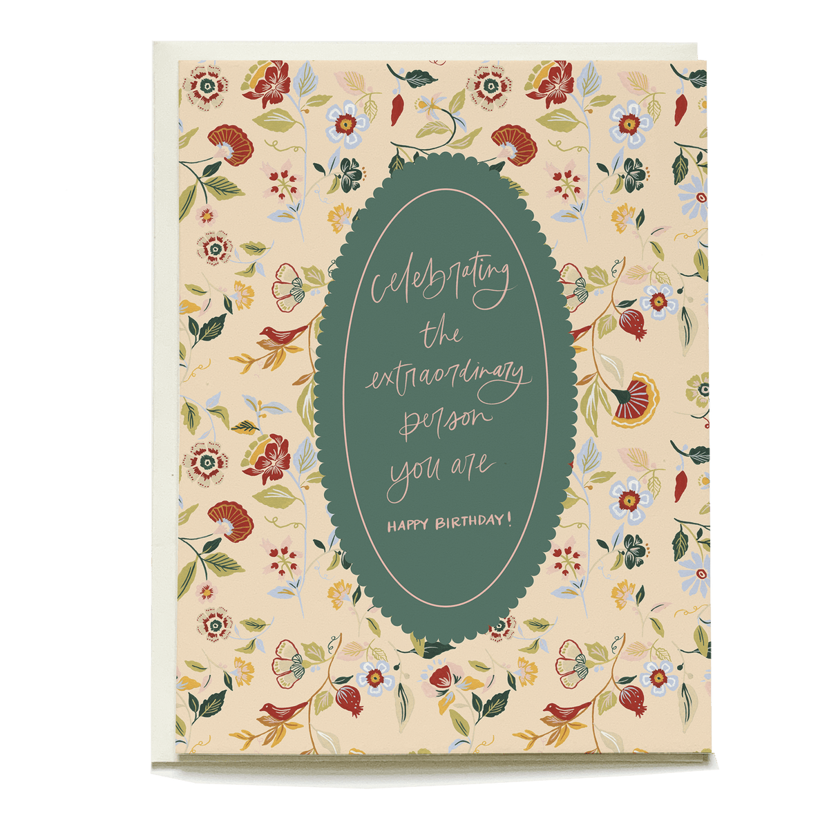 Spritz birthday card featuring floral design with green oval text box that reads "Celebrating the extraordinary person you...