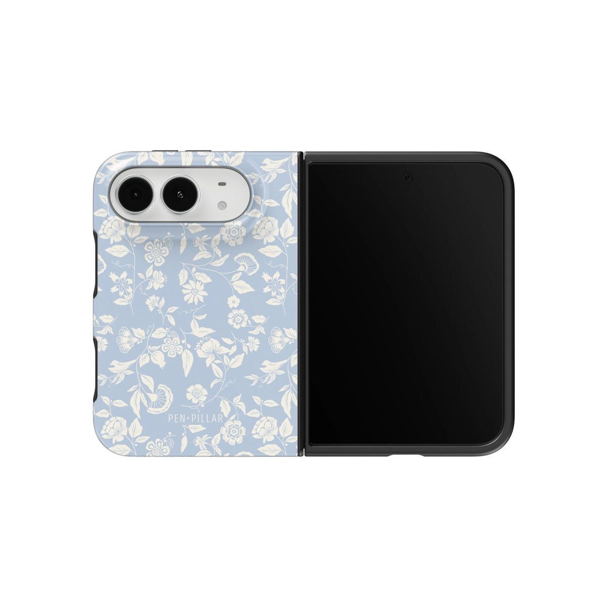 Spritz iPhone 18 Duo case on an unfolded iPhone 18 Duo, back and screen side by side: white florals on soft blue