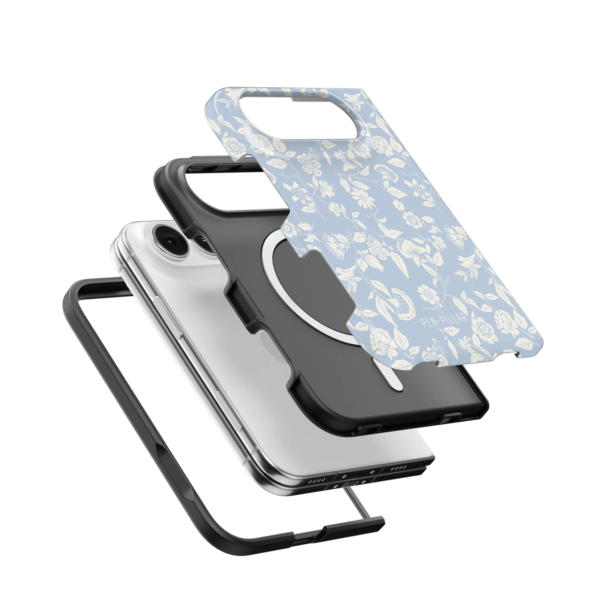 Spritz iPhone 18 Duo case, exploded view of the printed shell, black inner layer with MagSafe ring, and phone