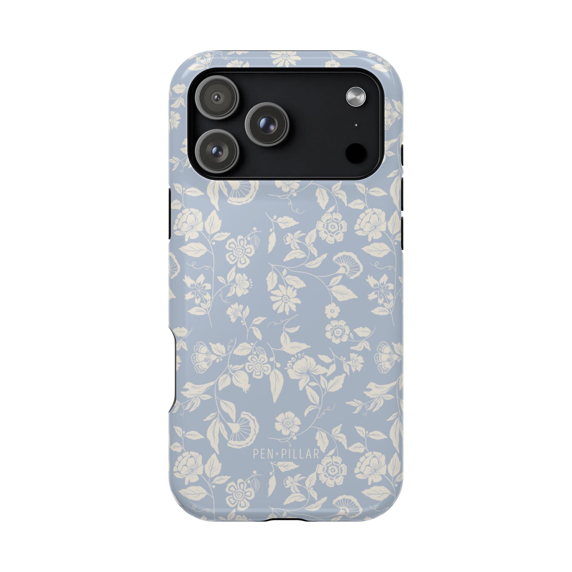 Spritz iPhone case featuring a light blue floral pattern with white flowers and leaves on a sleek design.