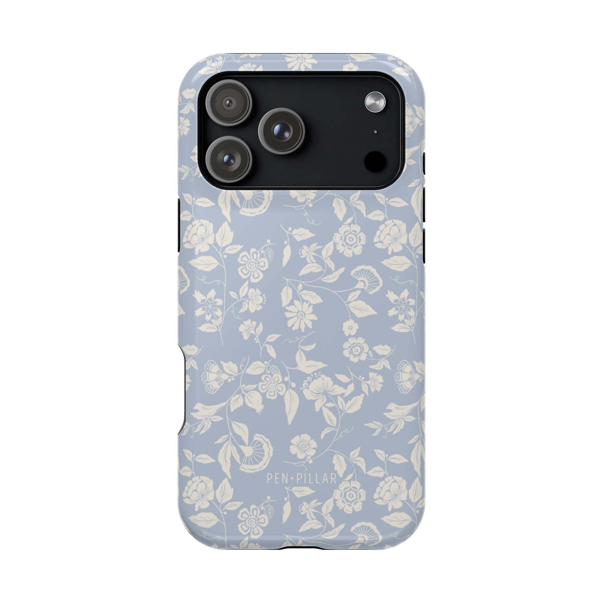 Spritz iPhone case featuring a light blue floral pattern with white flowers and leaves on a sleek design.