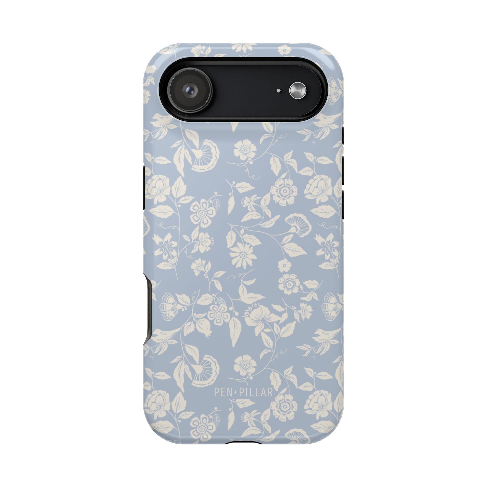 Spritz iPhone case featuring a light blue background with white floral patterns and a black camera cutout.