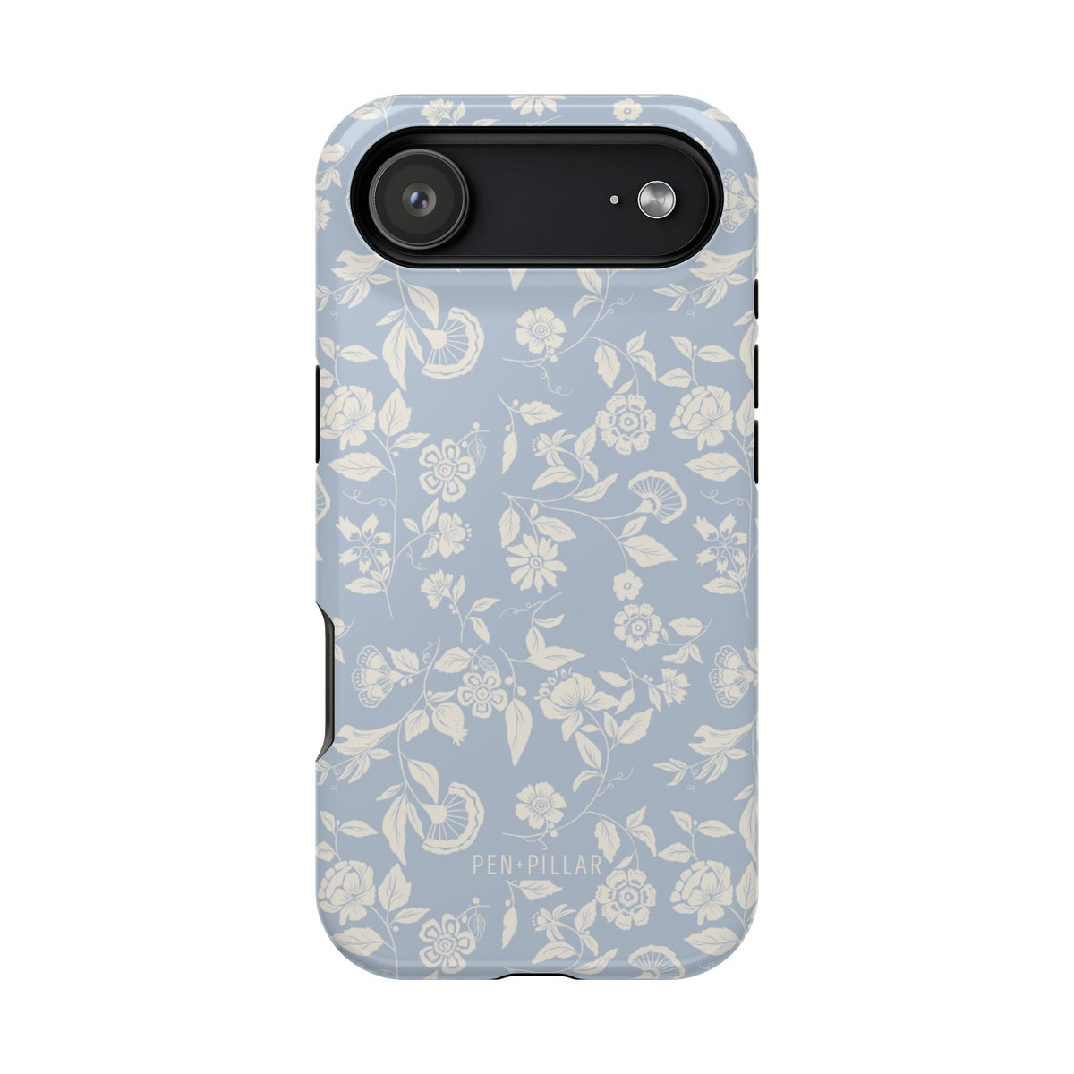 Spritz iPhone case featuring a light blue background with white floral patterns and a black camera cutout.