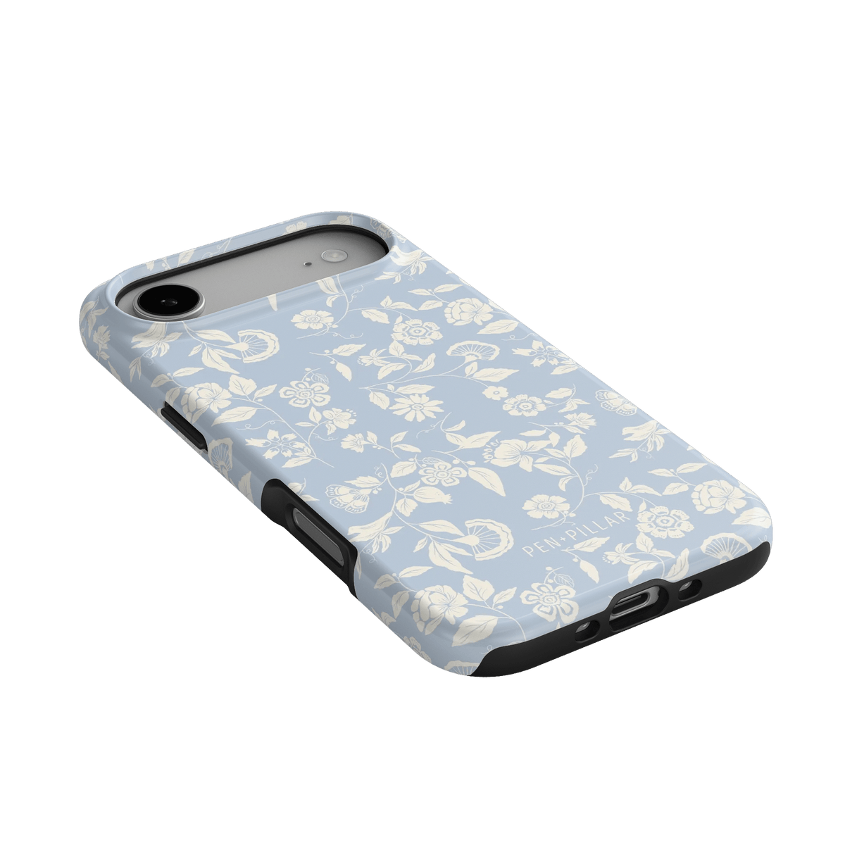 Spritz iPhone case featuring a light blue floral design with black edges, angled to show side buttons and camera cutout.