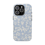 Spritz iPhone case featuring a light blue floral pattern with white flowers and a black edge.