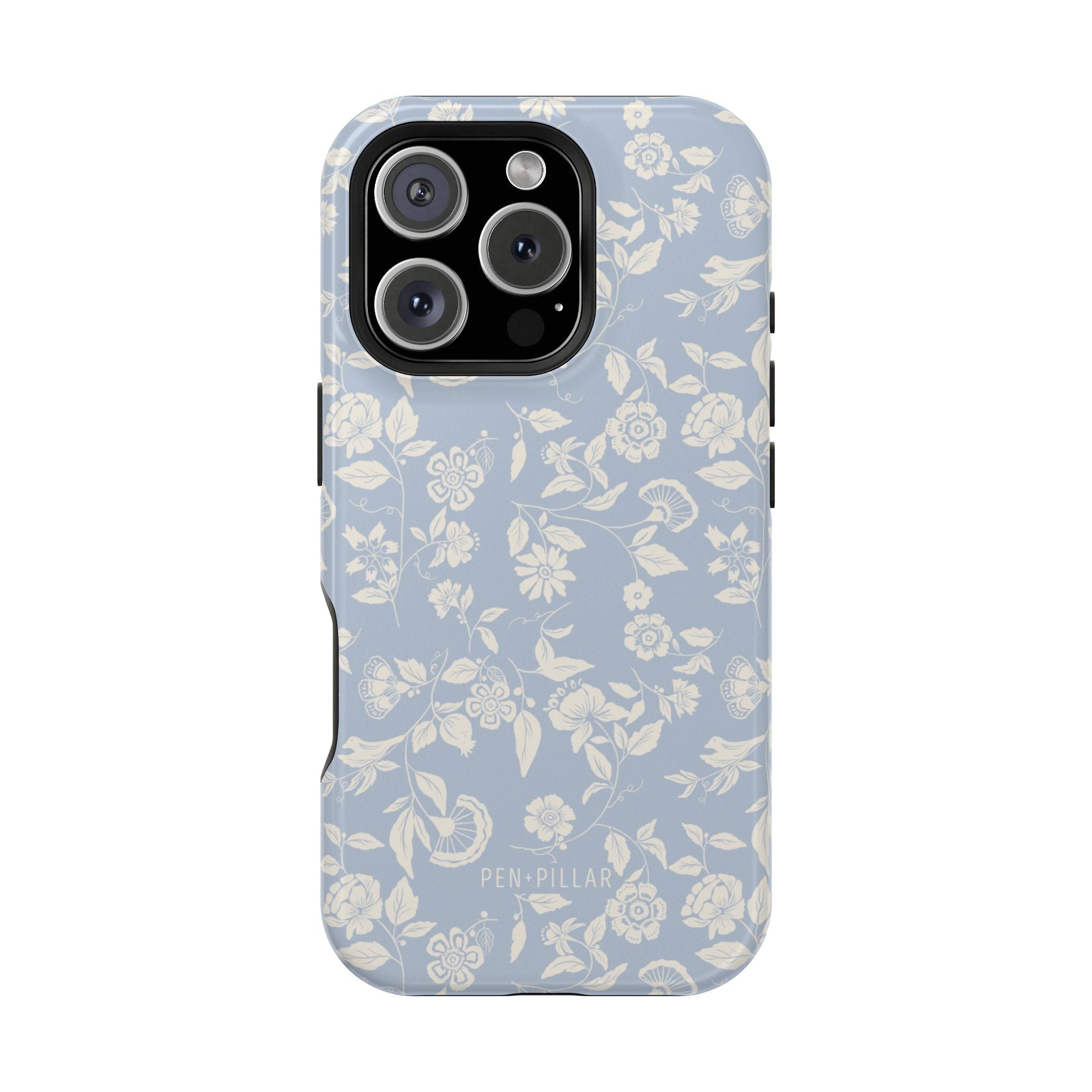 Spritz iPhone case featuring a light blue floral pattern with white flowers and a black edge.