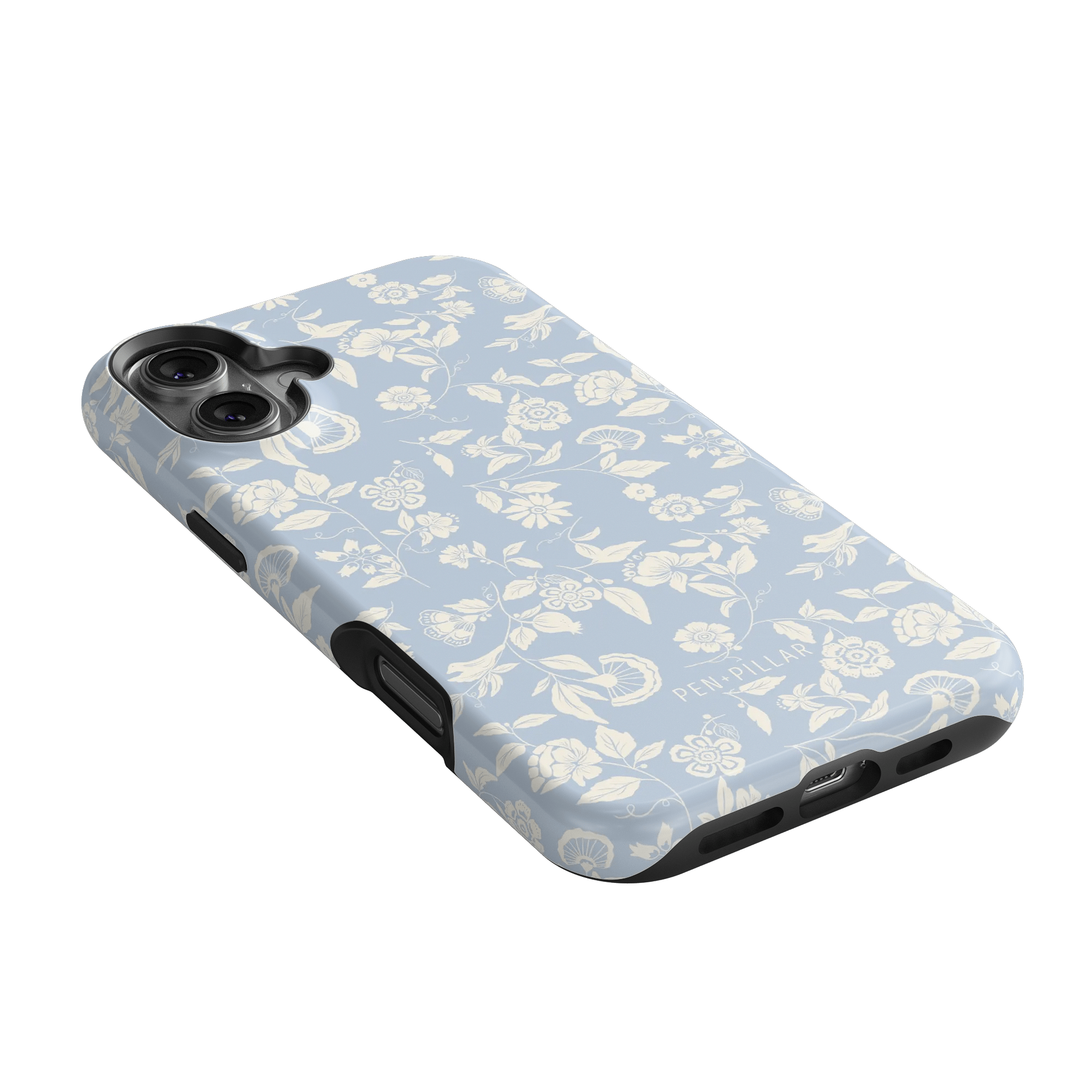 Spritz iPhone case featuring a light blue floral pattern with white flowers and black edges, angled view.