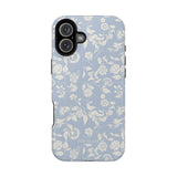 Spritz iPhone case featuring a light blue background with white floral patterns and a black edge.