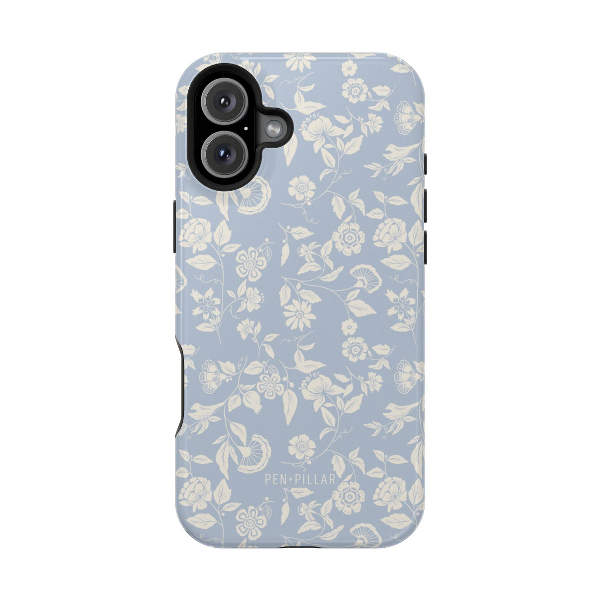 Spritz iPhone case featuring a light blue background with white floral patterns and a black edge.