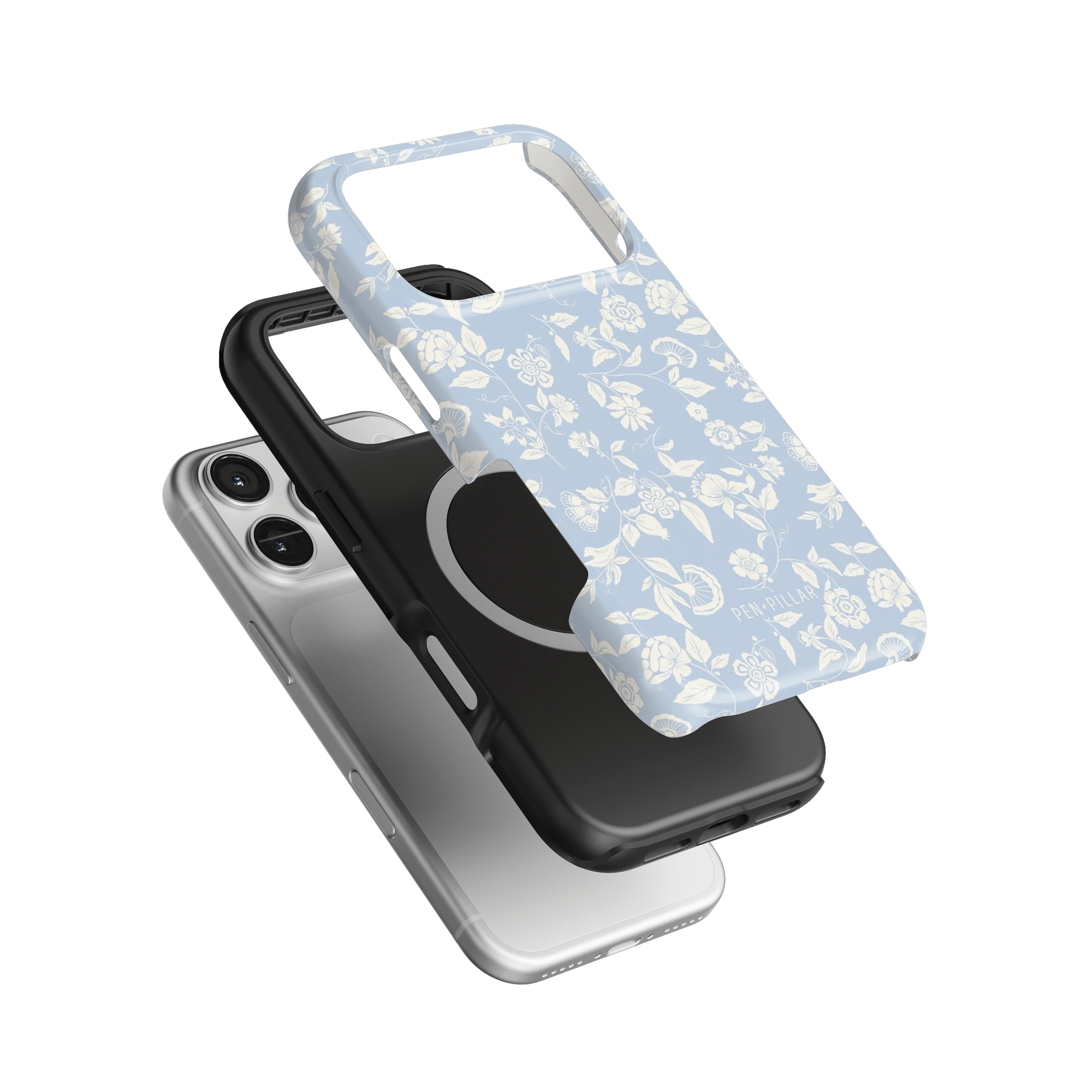 Spritz iPhone case featuring a light blue floral design, layered over black and clear cases.
