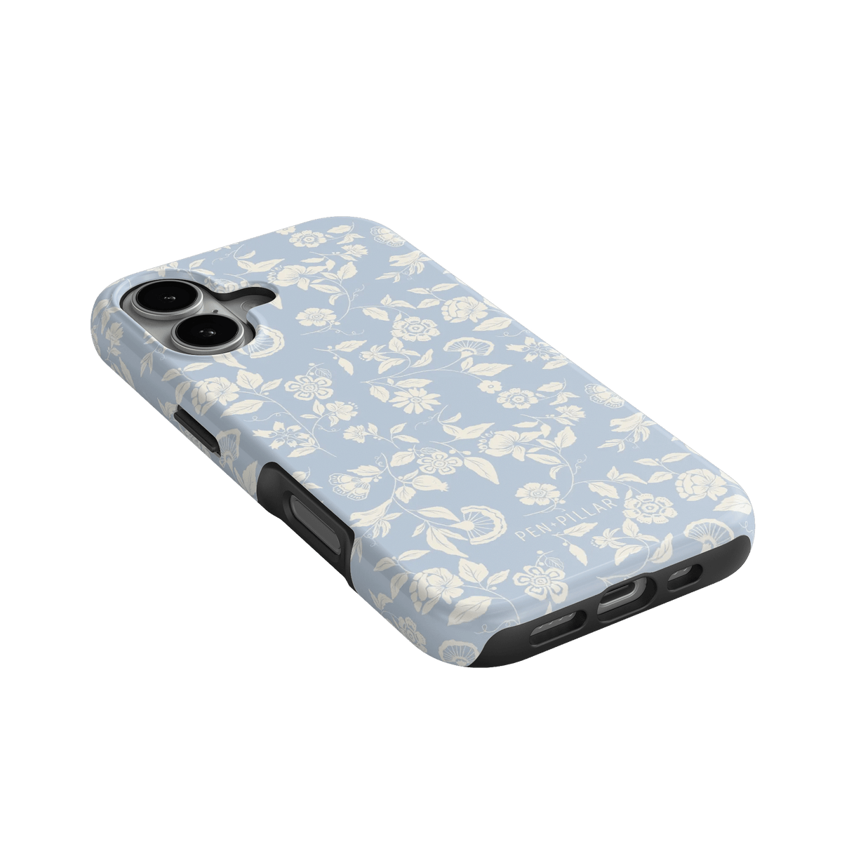 Spritz iPhone case featuring a light blue floral pattern with white flowers and a black edge, angled view.