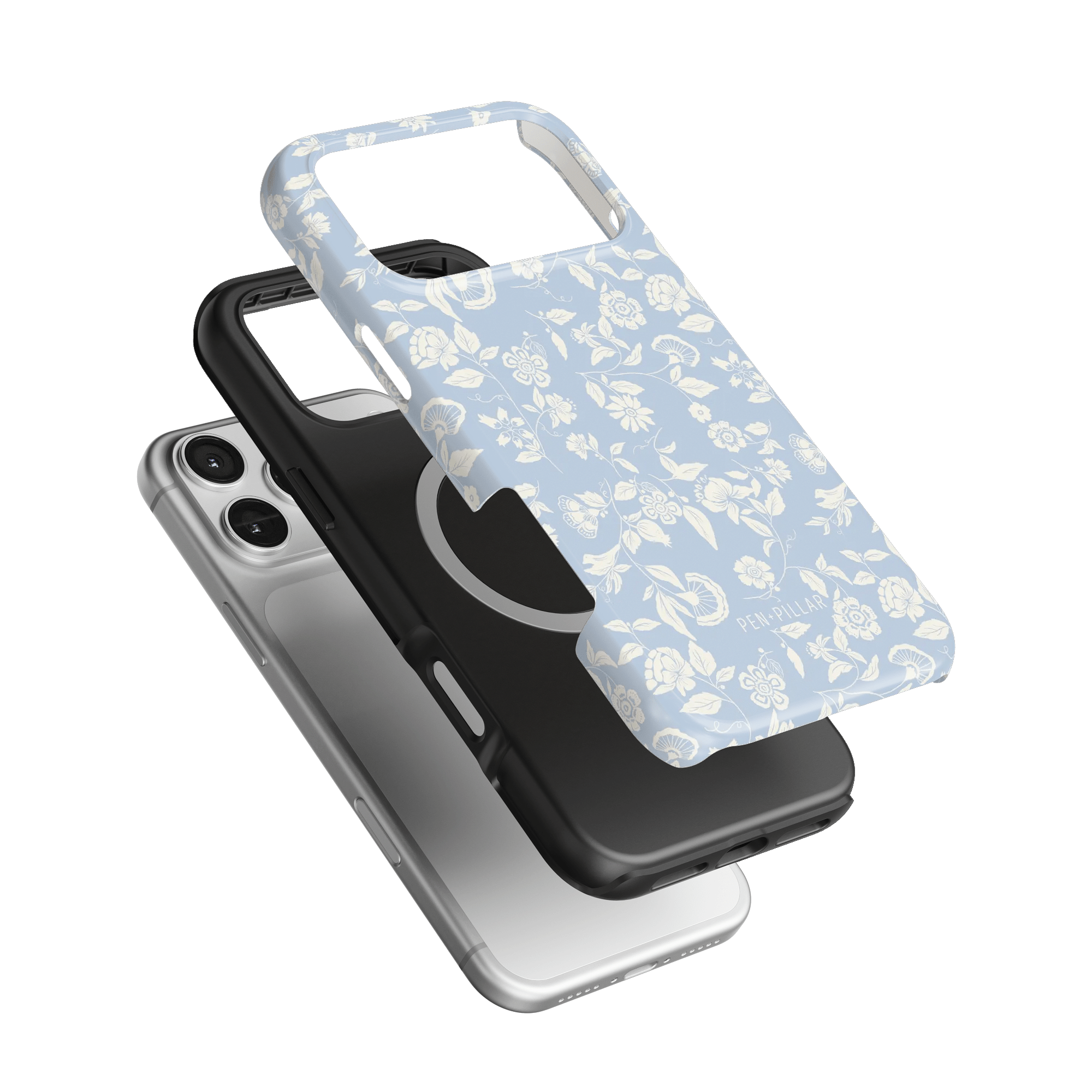Spritz iPhone case featuring a light blue floral design, layered over a black and silver phone case.