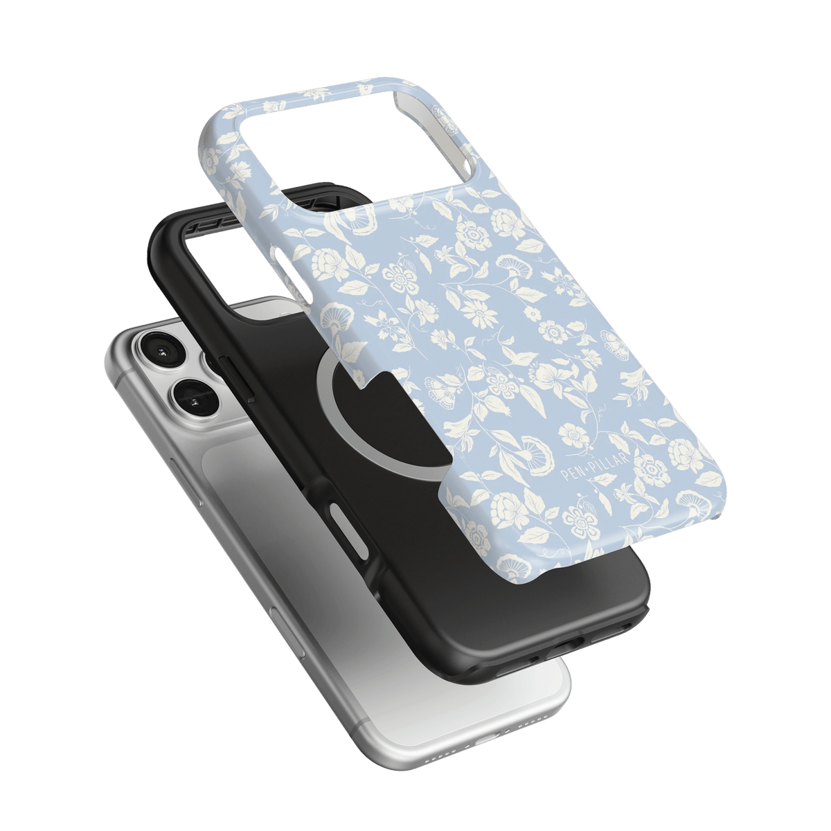 Spritz iPhone case featuring a light blue floral design, layered over a black and silver phone case.