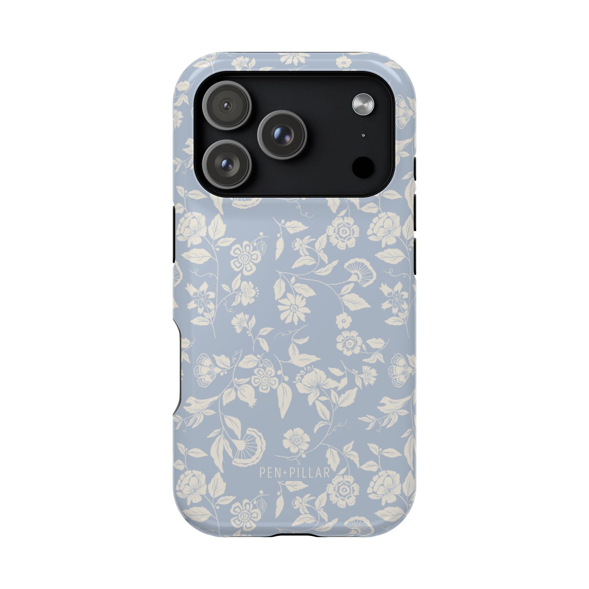 Spritz iPhone case featuring a light blue floral pattern with white flowers and a black camera cutout.