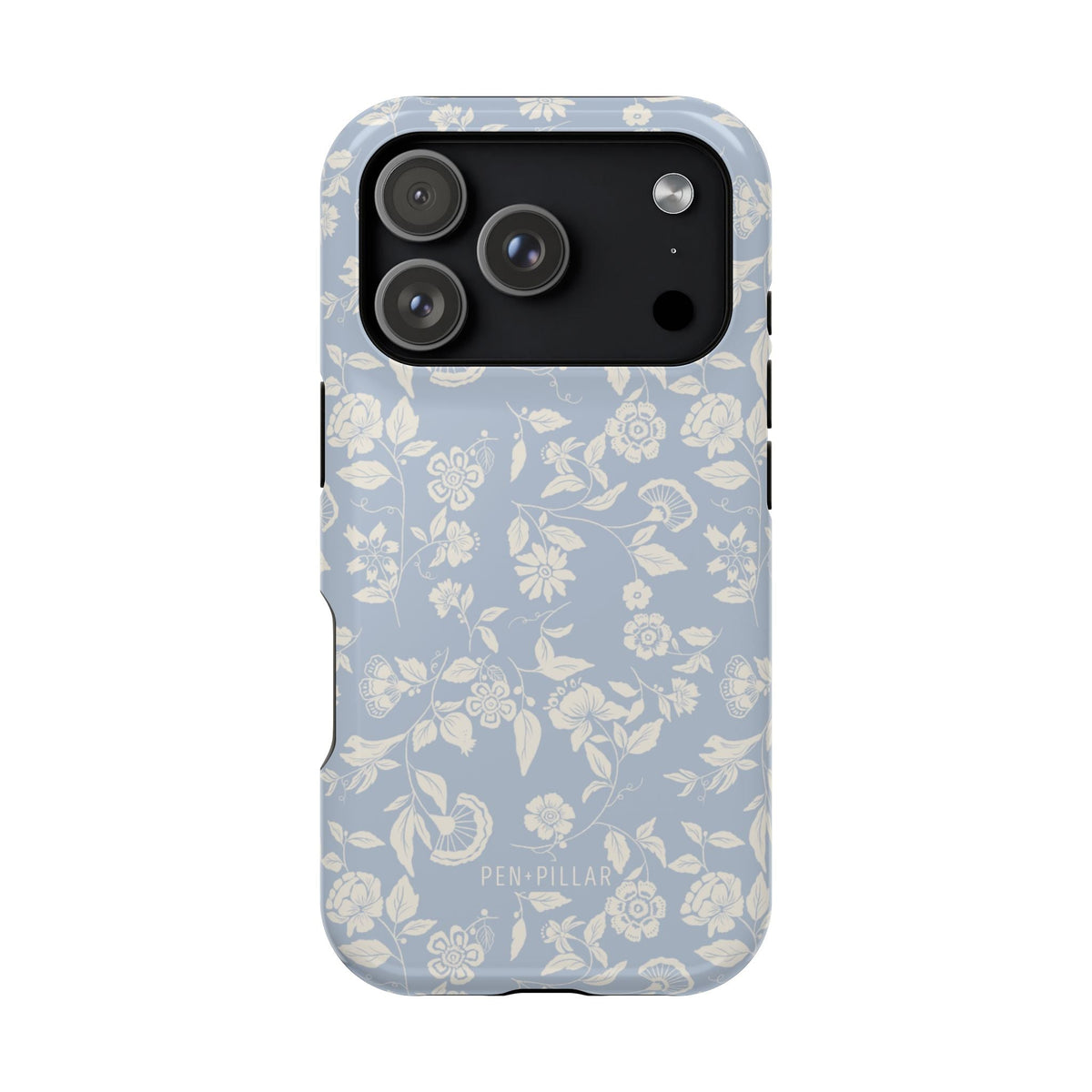 Spritz iPhone case featuring a light blue floral pattern with white flowers and a black camera cutout.