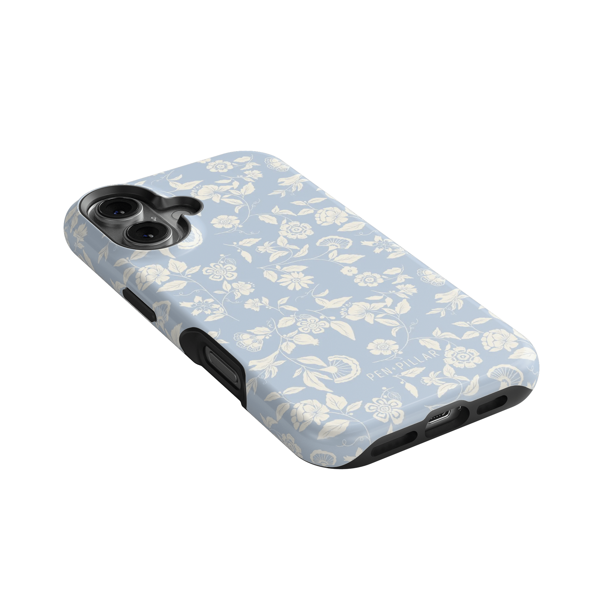 Spritz iPhone case featuring a light blue floral pattern with white accents, angled to show the camera cutout.