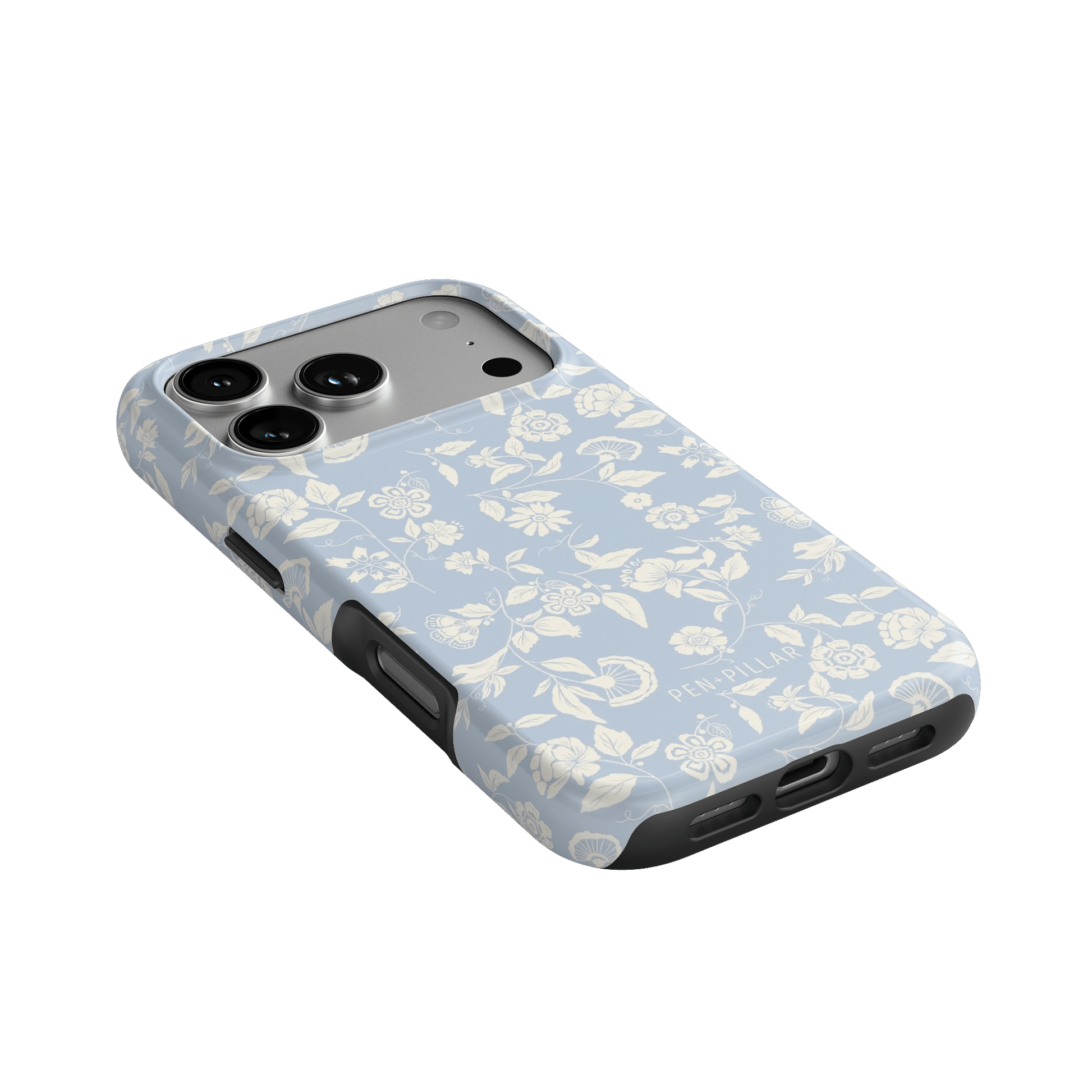 Spritz iPhone case featuring a light blue floral design with black edges, angled view showing camera cutout.