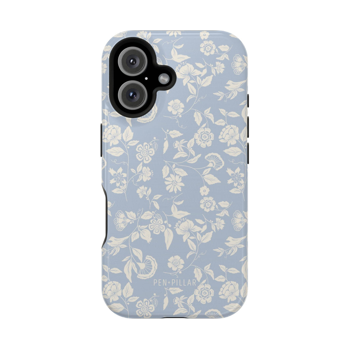 Spritz iPhone case featuring a light blue floral design with white flowers and a black border.