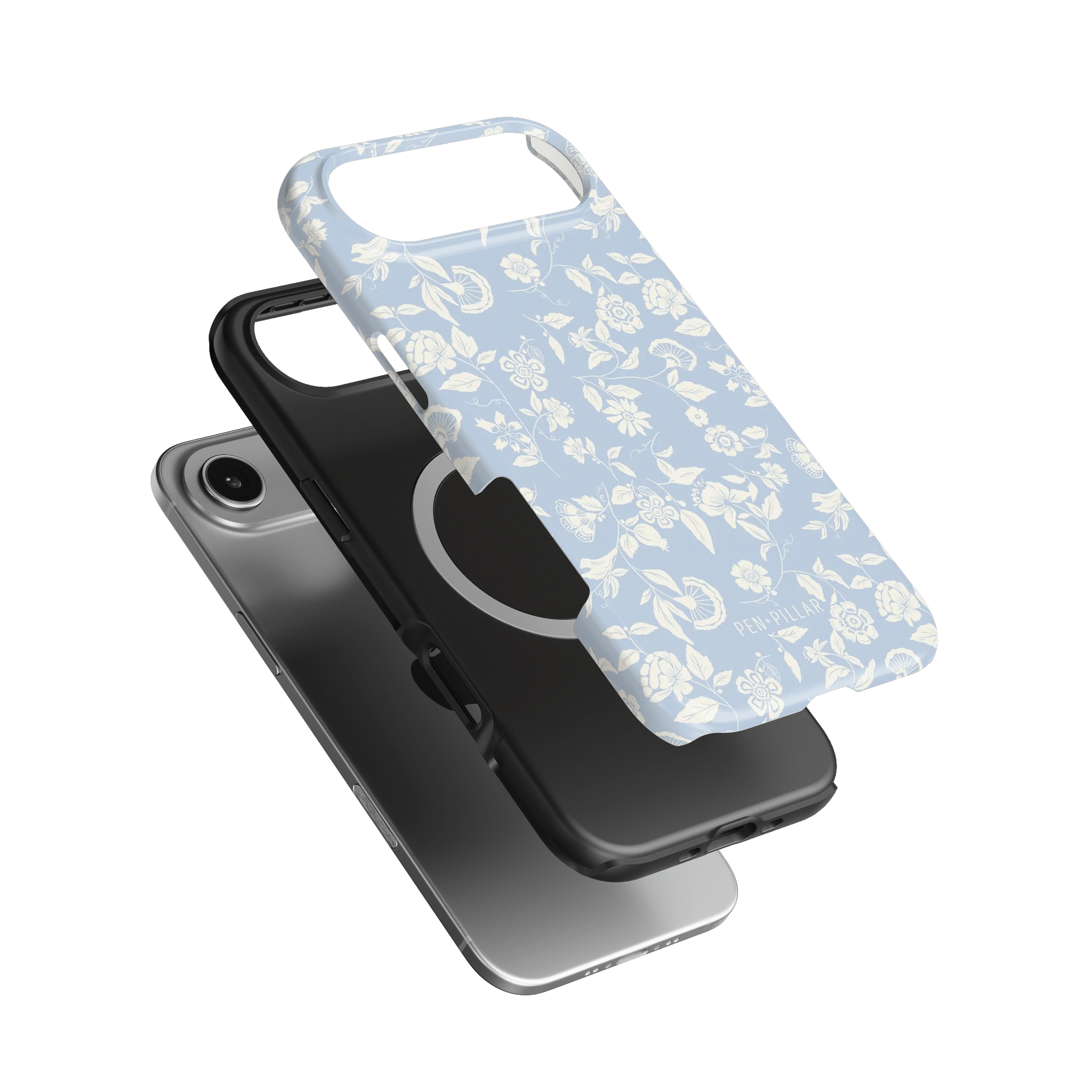 Spritz iPhone case featuring a light blue floral design layered over a black case.