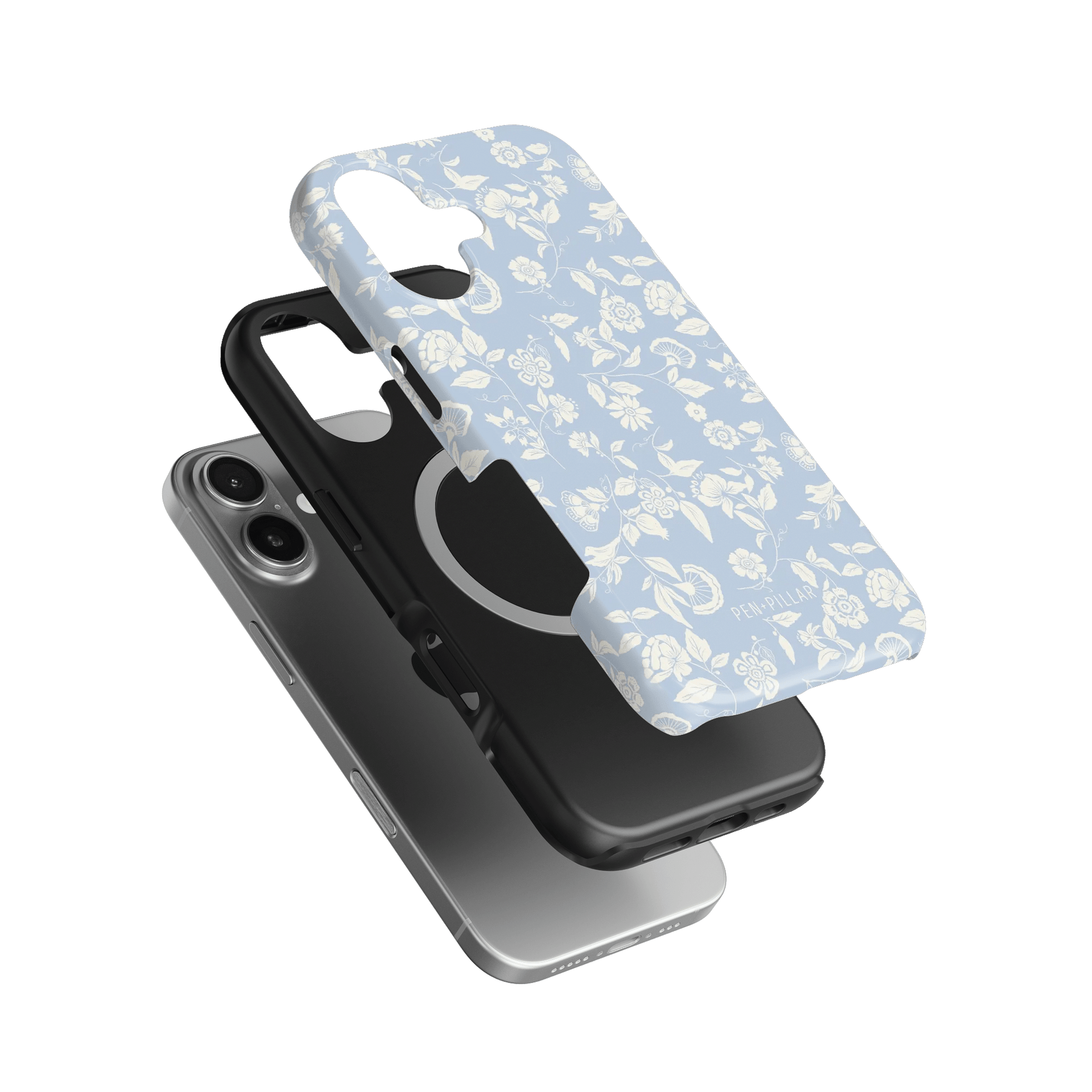 Spritz iPhone case featuring a light blue floral design, layered over a black and silver phone case.