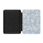 Spritz Kindle case featuring a light blue floral design with a black interior, shown open at an angle.