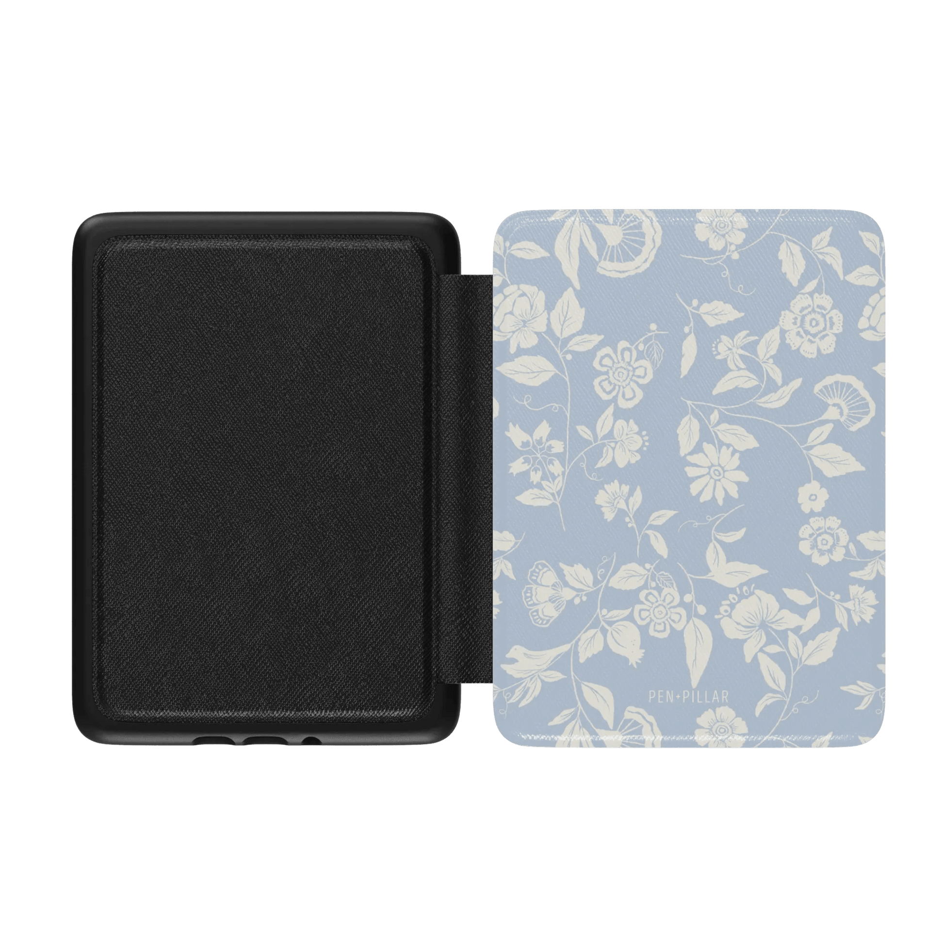 Spritz Kindle case featuring a light blue floral design with a black interior, shown open at an angle.