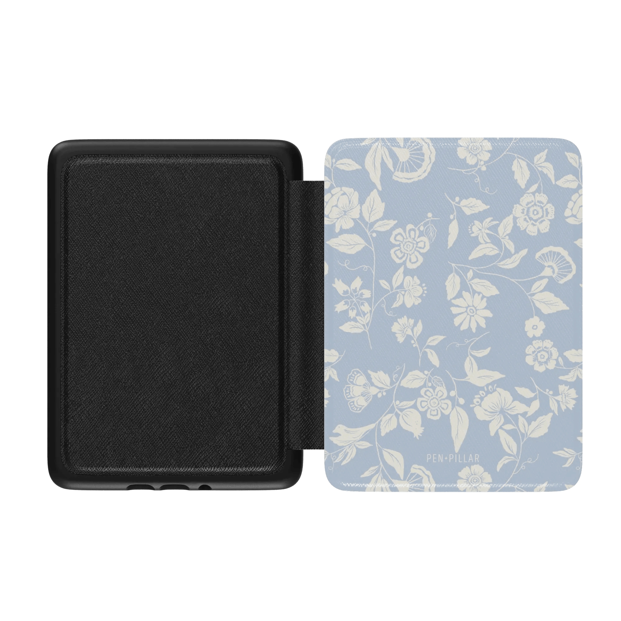 Spritz Kindle case featuring a light blue floral design with a black interior, shown open at an angle.