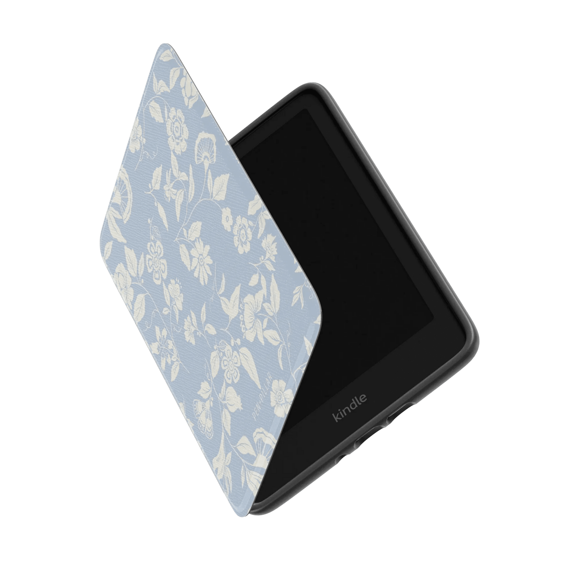 Spritz Kindle case with a light blue floral design, partially open to reveal the Kindle device inside.