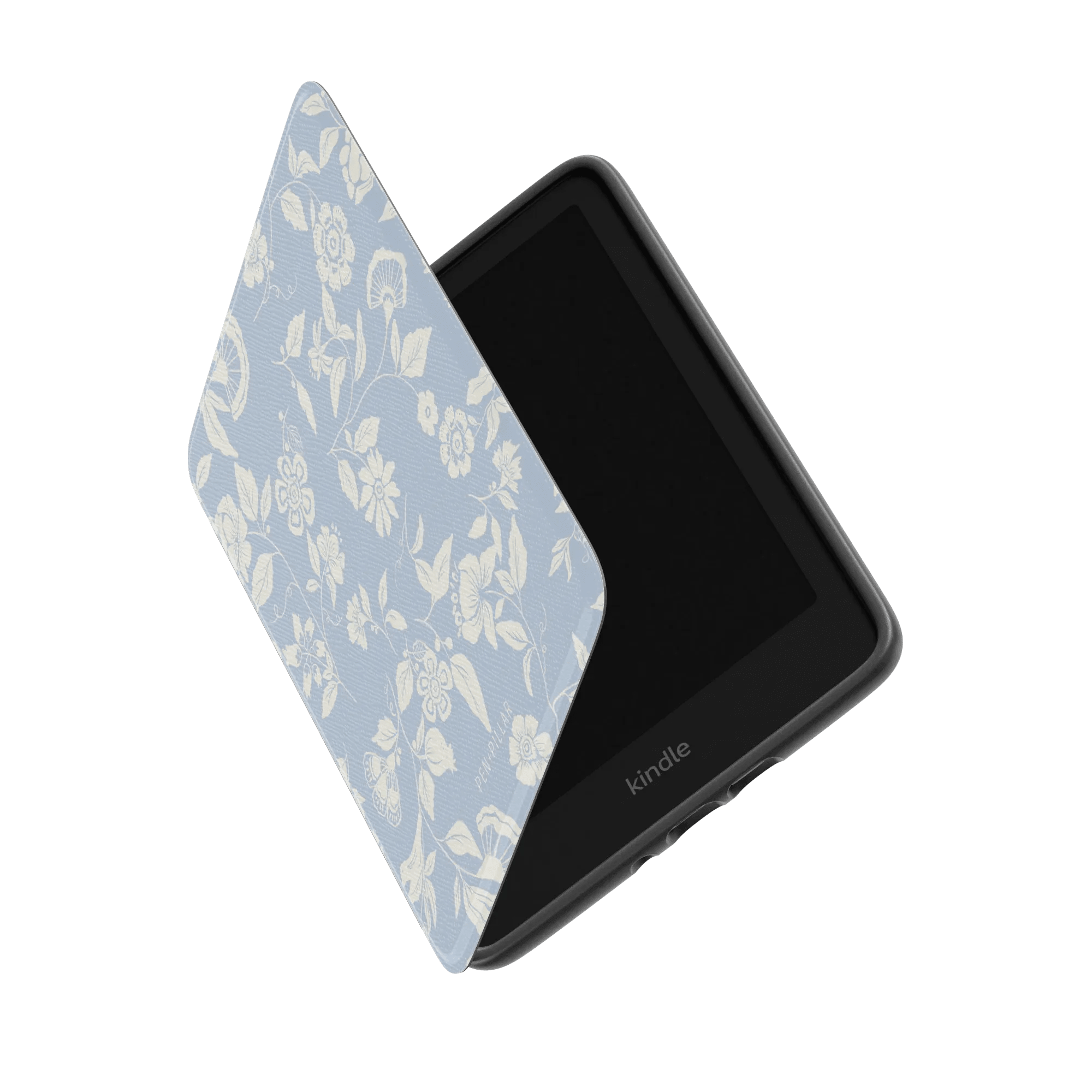 Spritz Kindle case with a light blue floral design, partially open to reveal the Kindle device inside.