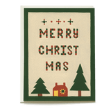 Stitched holiday card featuring "Merry Christmas" text with trees and a house in red and green colors.