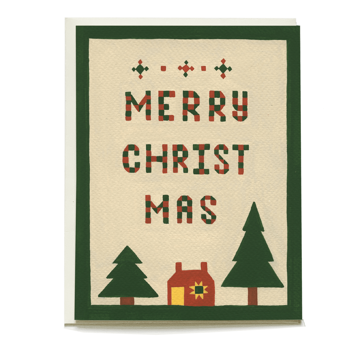 Stitched holiday card featuring "Merry Christmas" text with trees and a house in red and green colors.