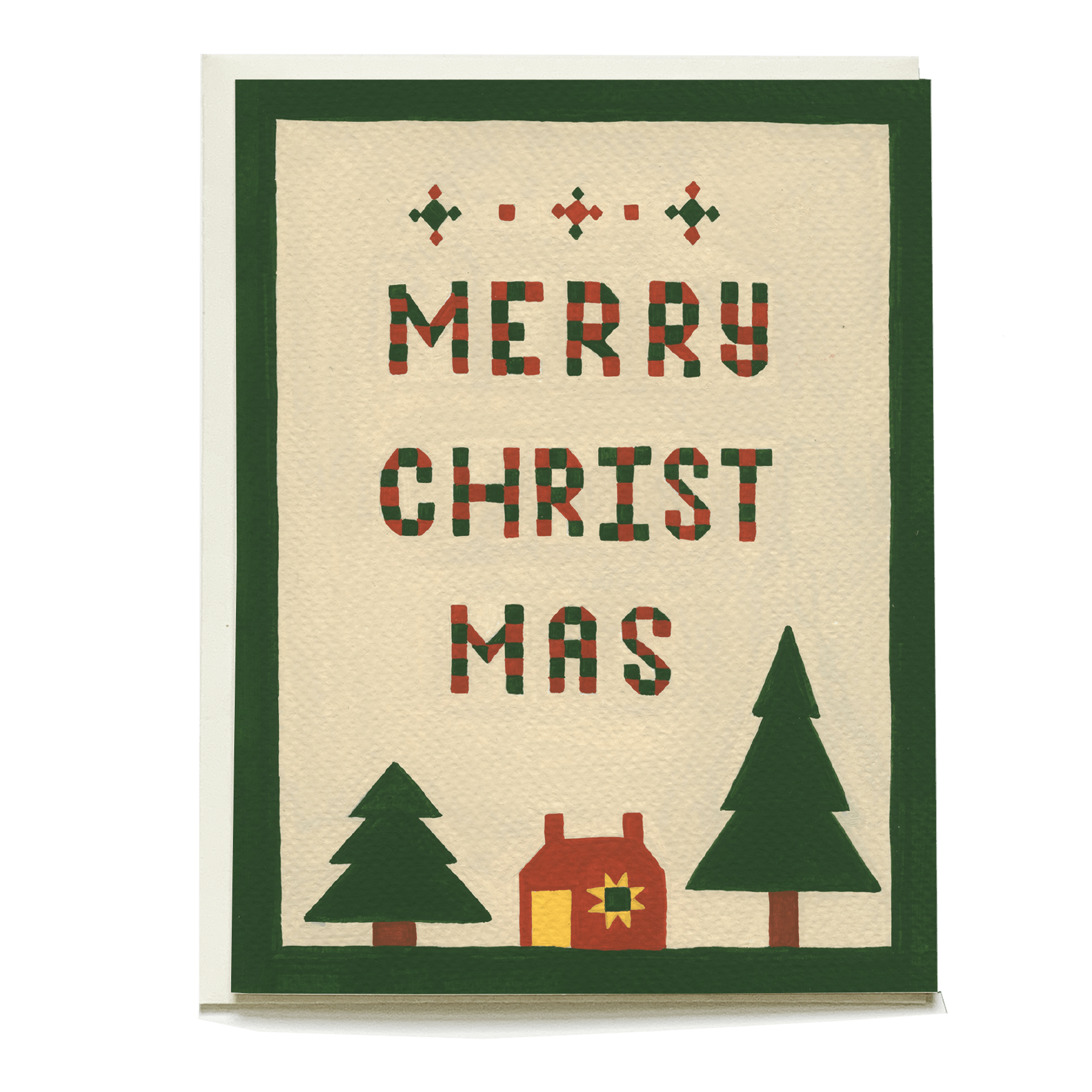 Stitched holiday card featuring "Merry Christmas" text with trees and a house in red and green colors.